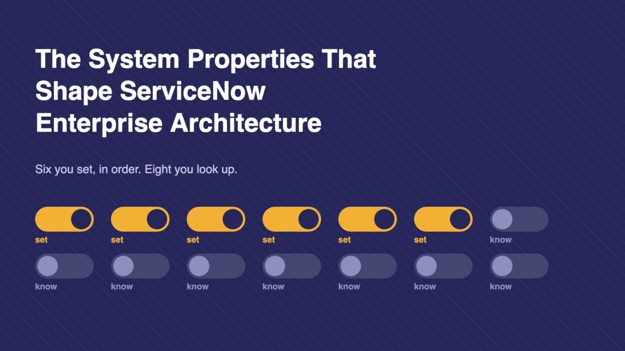 Fourteen toggle switches, six set and eight to know, for ServiceNow Enterprise Architecture system properties